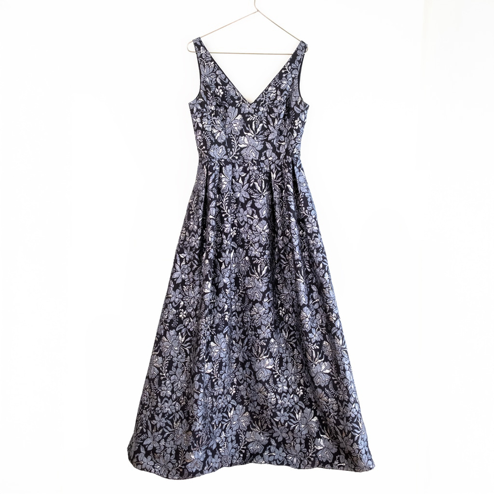 Theia Floral Slate Ballgown Dress Maxi Silver Floral $1,000 Size 8 - Picture 6 of 16